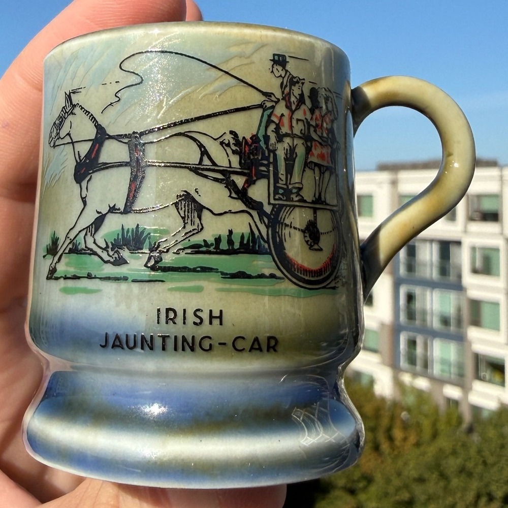 Irish Porcelain Mug Blue Green Porcelain Irish Jaunting Car Souvenir Shot Glass